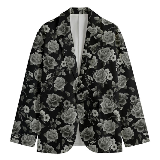 Monochrome Rose Floral Pattern Print Men's Blazer