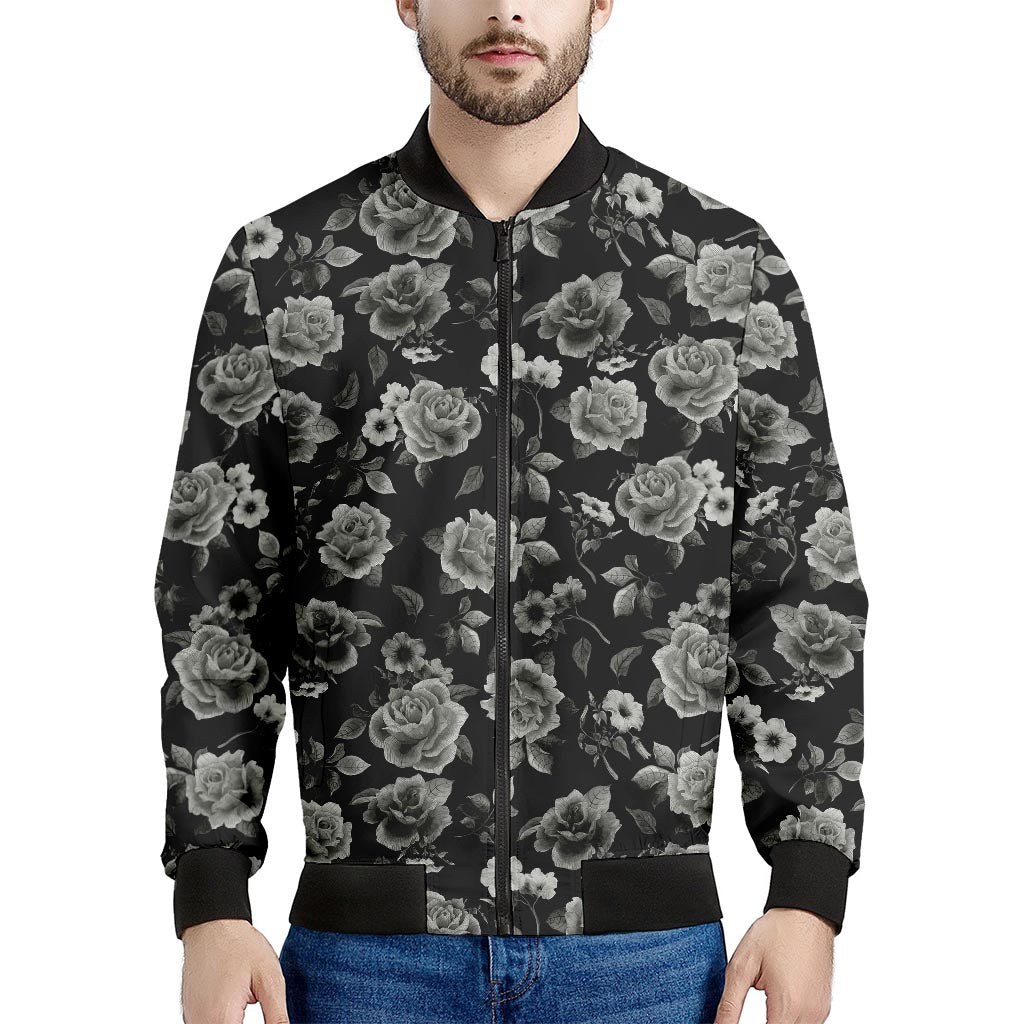 Monochrome Rose Floral Pattern Print Men's Bomber Jacket