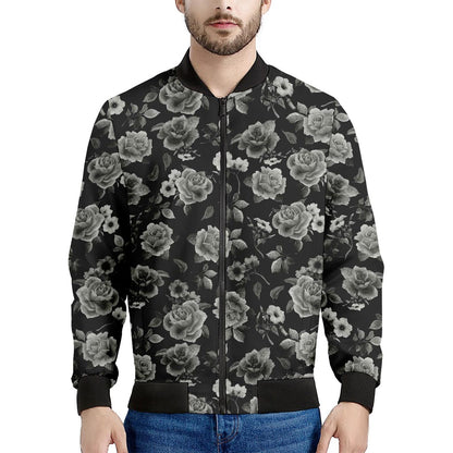 Monochrome Rose Floral Pattern Print Men's Bomber Jacket