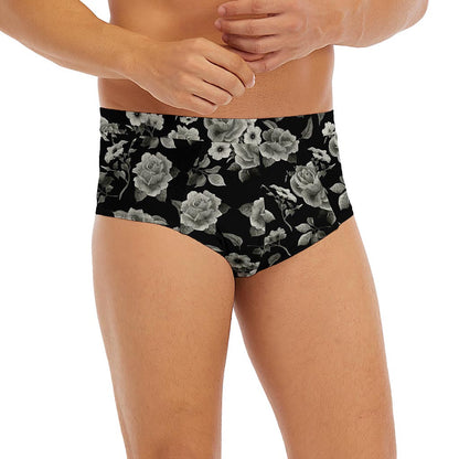 Monochrome Rose Floral Pattern Print Men's Briefs