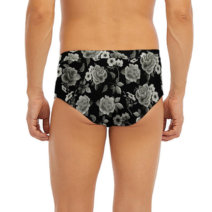 Monochrome Rose Floral Pattern Print Men's Briefs