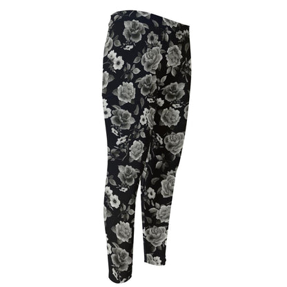 Monochrome Rose Floral Pattern Print Men's Compression Pants