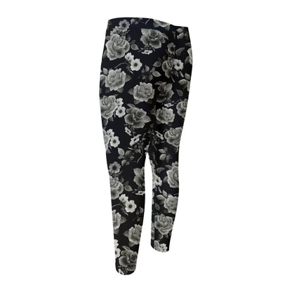 Monochrome Rose Floral Pattern Print Men's Compression Pants