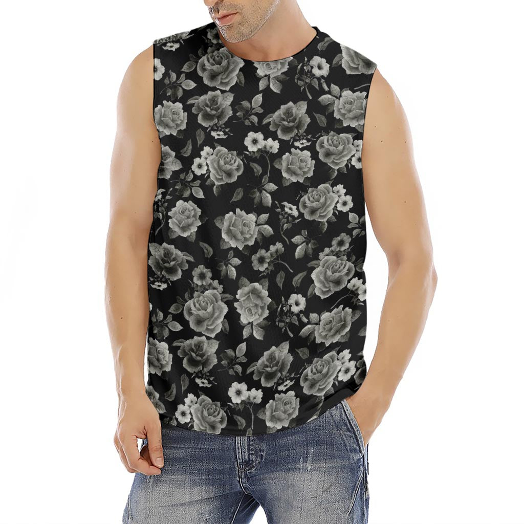 Monochrome Rose Floral Pattern Print Men's Fitness Tank Top
