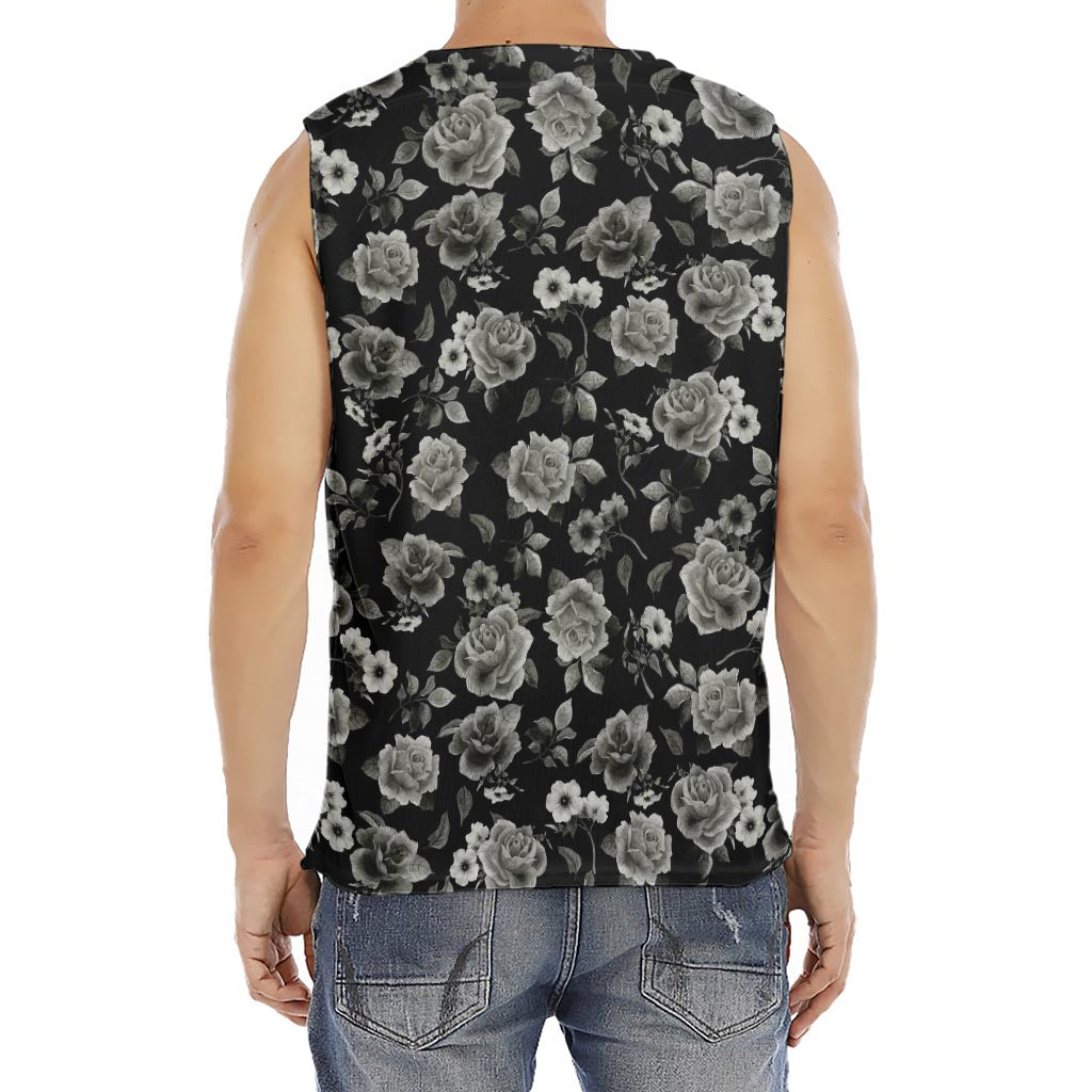 Monochrome Rose Floral Pattern Print Men's Fitness Tank Top