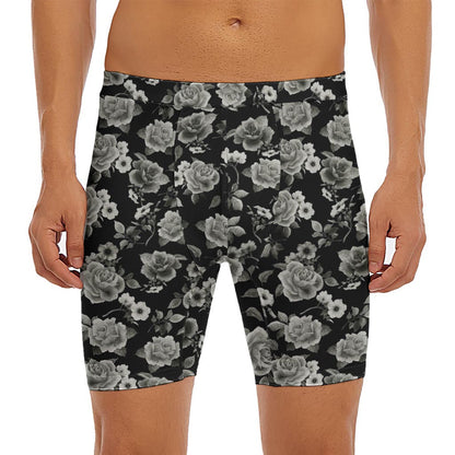 Monochrome Rose Floral Pattern Print Men's Long Boxer Briefs