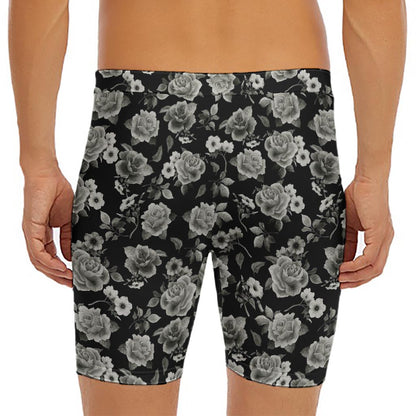 Monochrome Rose Floral Pattern Print Men's Long Boxer Briefs