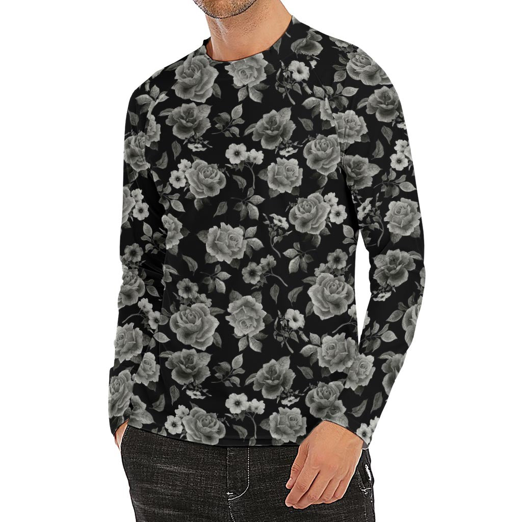 Monochrome Rose Floral Pattern Print Men's Long Sleeve Rash Guard