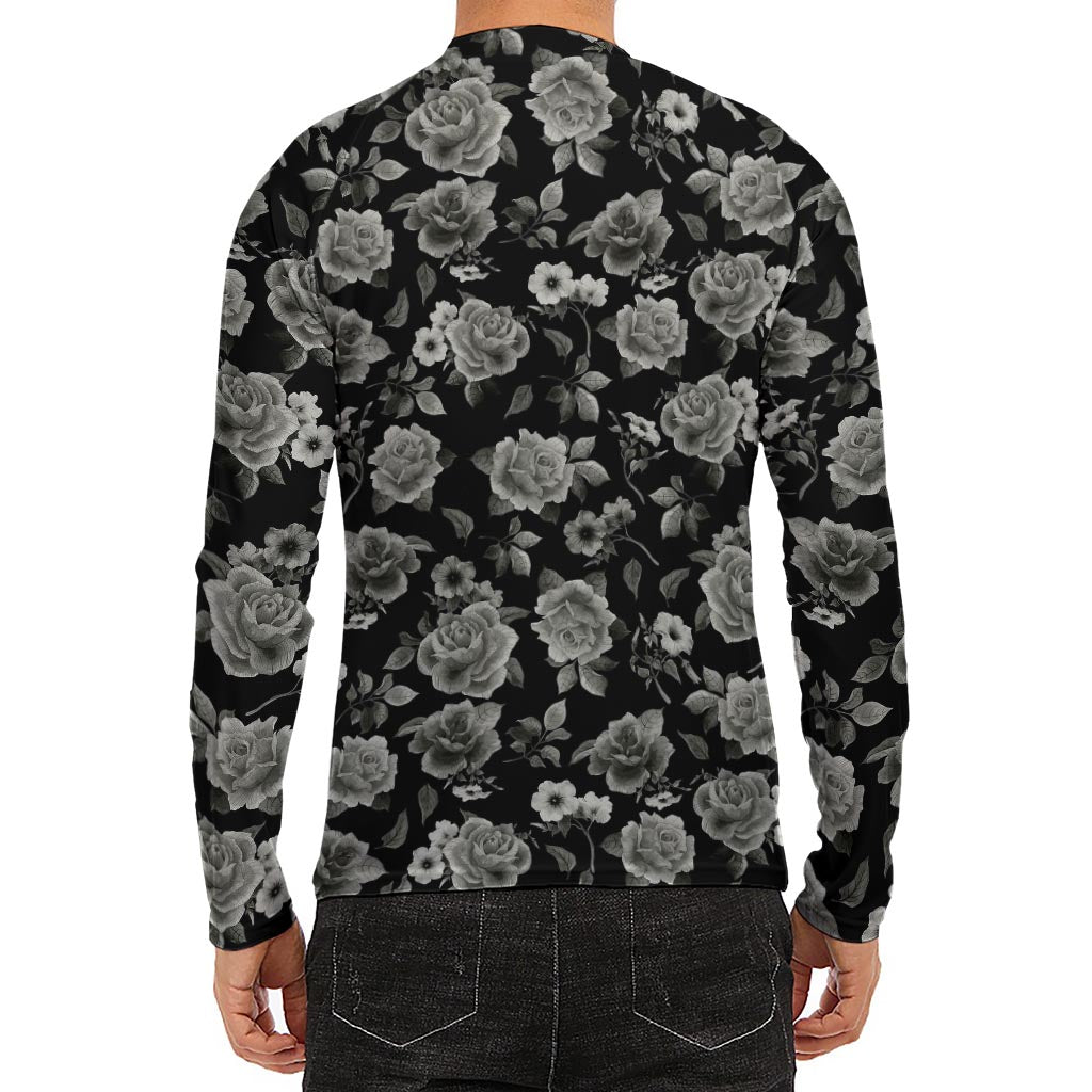 Monochrome Rose Floral Pattern Print Men's Long Sleeve Rash Guard
