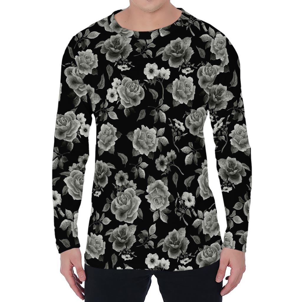 Monochrome Rose Floral Pattern Print Men's Long Sleeve T-Shirt