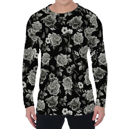 Monochrome Rose Floral Pattern Print Men's Long Sleeve T-Shirt