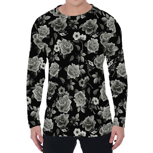 Monochrome Rose Floral Pattern Print Men's Long Sleeve T-Shirt