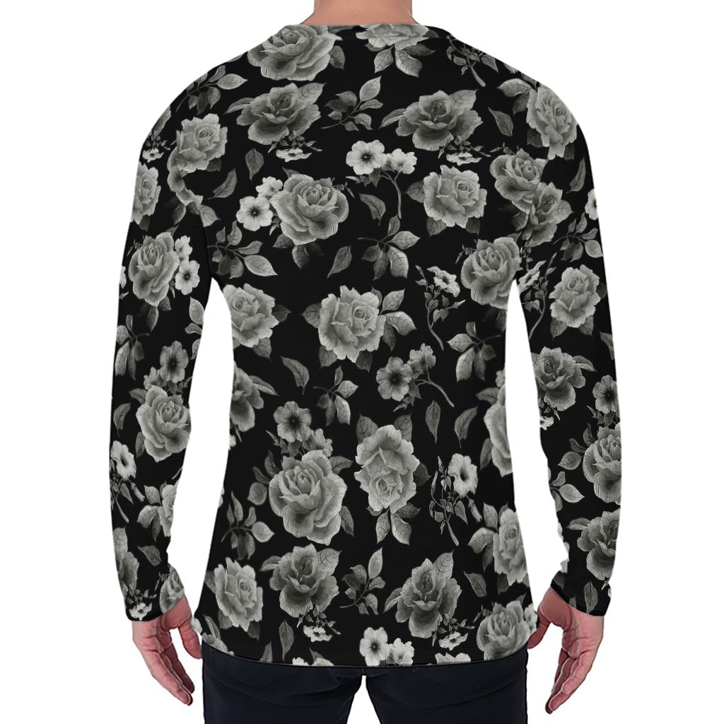 Monochrome Rose Floral Pattern Print Men's Long Sleeve T-Shirt