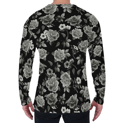 Monochrome Rose Floral Pattern Print Men's Long Sleeve T-Shirt