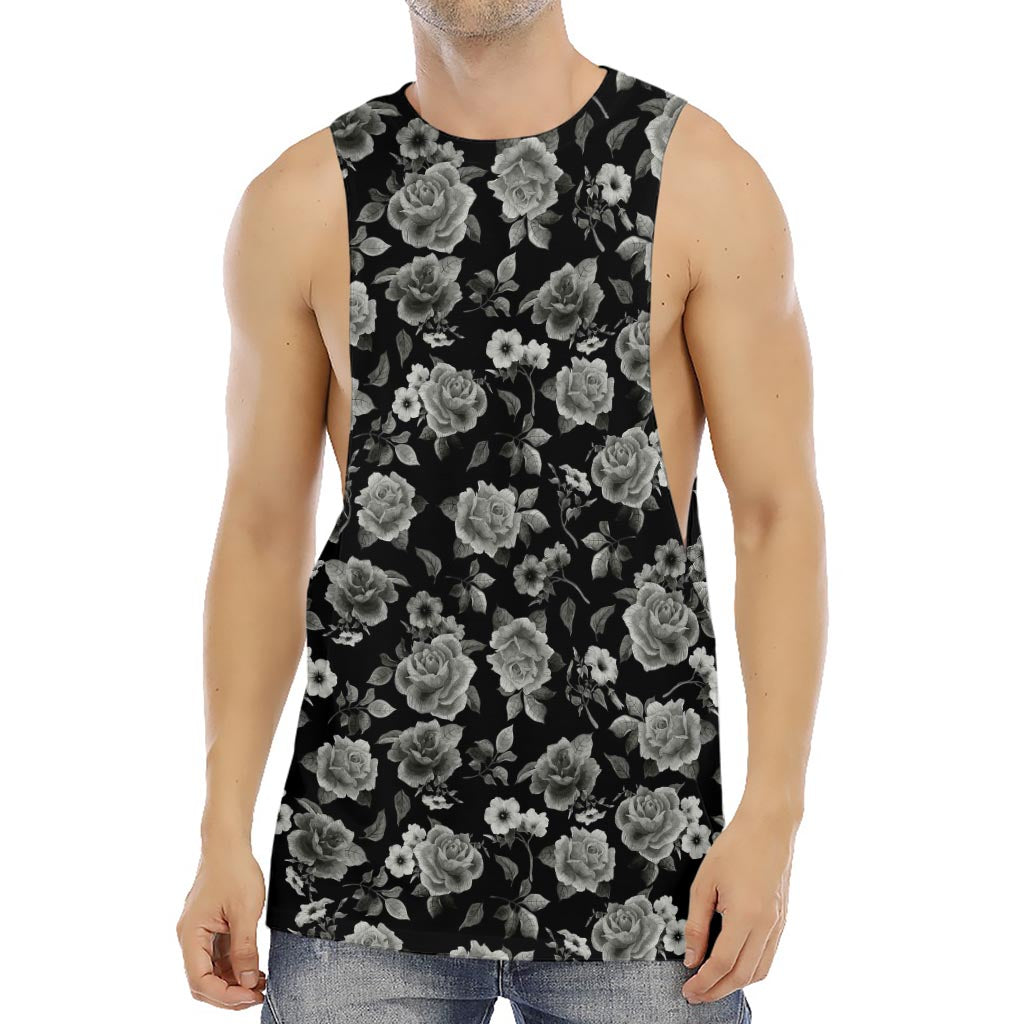Monochrome Rose Floral Pattern Print Men's Muscle Tank Top