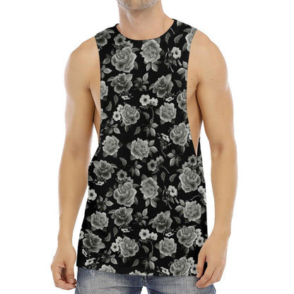 Monochrome Rose Floral Pattern Print Men's Muscle Tank Top