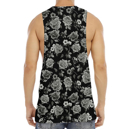 Monochrome Rose Floral Pattern Print Men's Muscle Tank Top