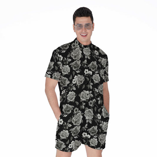 Monochrome Rose Floral Pattern Print Men's Rompers