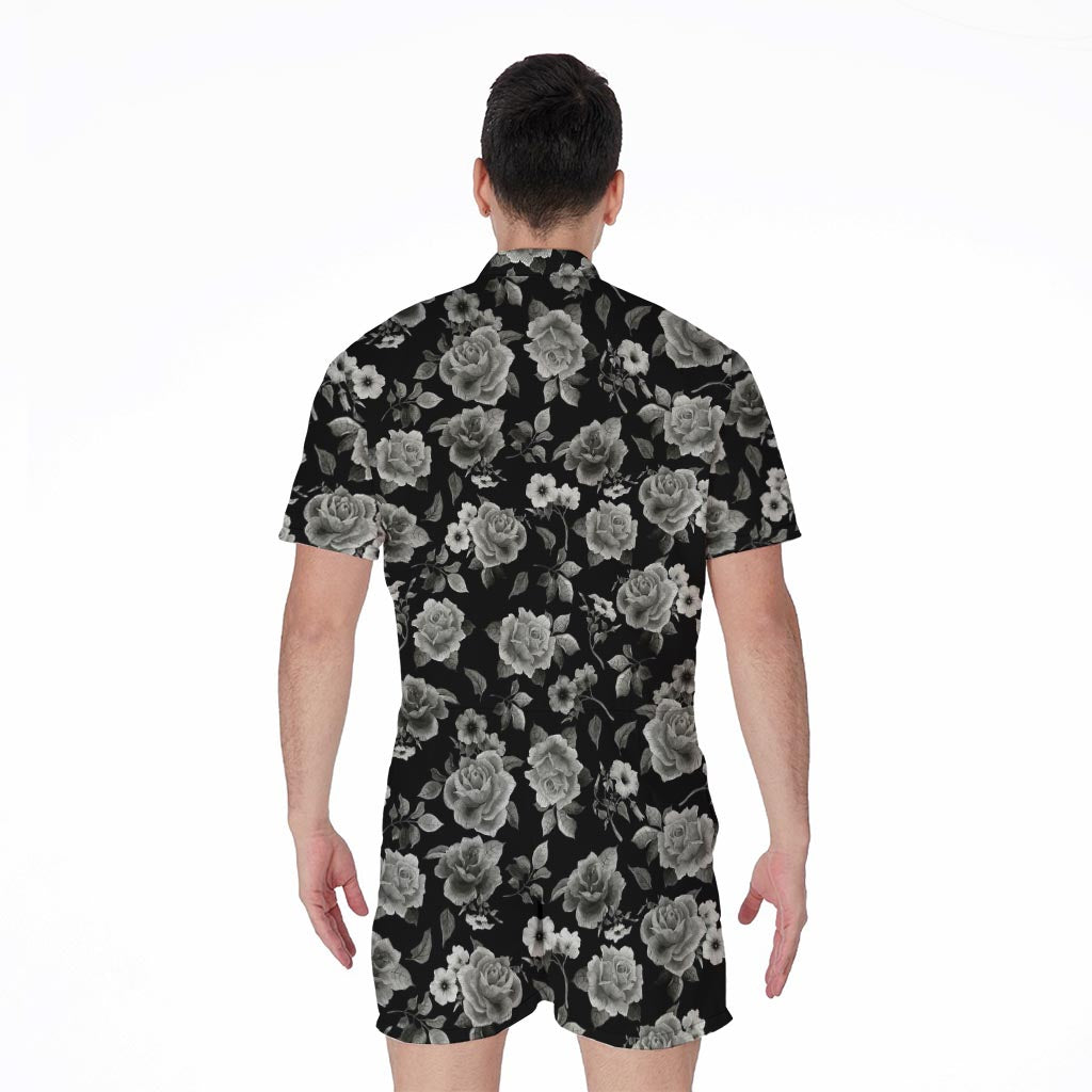 Monochrome Rose Floral Pattern Print Men's Rompers