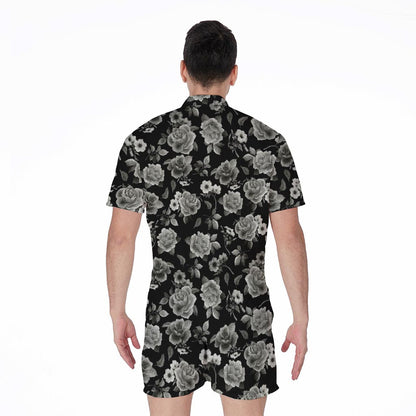 Monochrome Rose Floral Pattern Print Men's Rompers