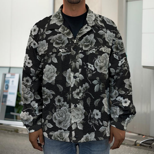 Monochrome Rose Floral Pattern Print Men's Shirt Jacket
