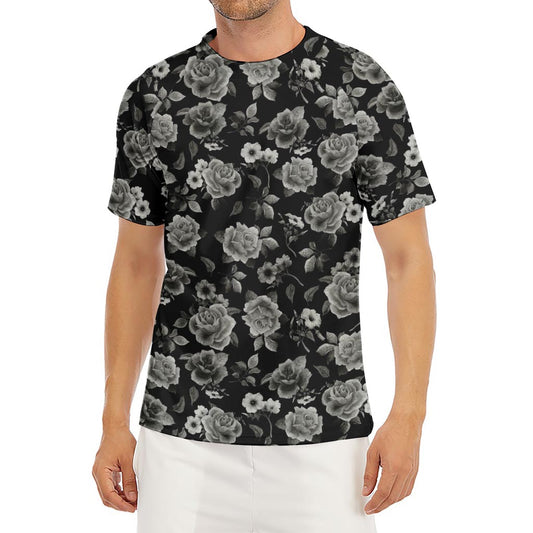 Monochrome Rose Floral Pattern Print Men's Short Sleeve Rash Guard