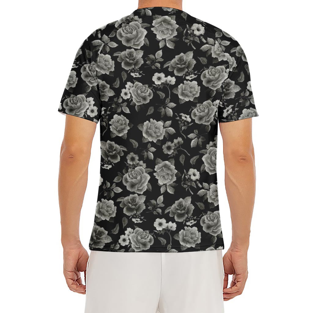 Monochrome Rose Floral Pattern Print Men's Short Sleeve Rash Guard