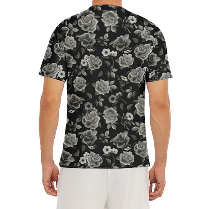 Monochrome Rose Floral Pattern Print Men's Short Sleeve Rash Guard