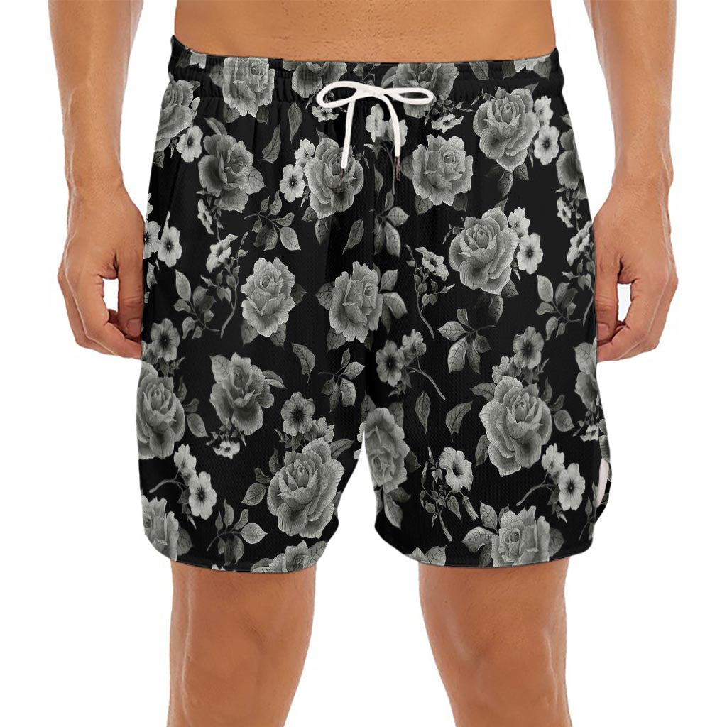 Monochrome Rose Floral Pattern Print Men's Split Running Shorts