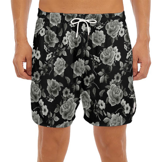 Monochrome Rose Floral Pattern Print Men's Split Running Shorts