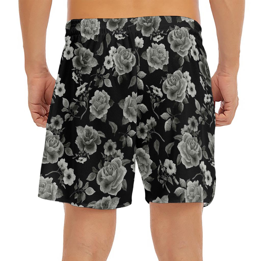 Monochrome Rose Floral Pattern Print Men's Split Running Shorts