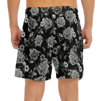 Monochrome Rose Floral Pattern Print Men's Split Running Shorts