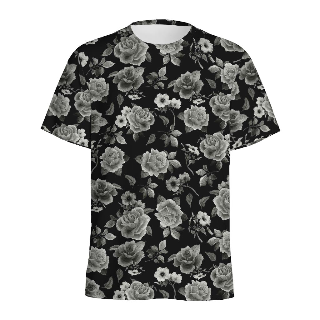 Monochrome Rose Floral Pattern Print Men's Sports T-Shirt