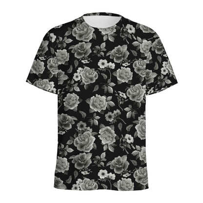 Monochrome Rose Floral Pattern Print Men's Sports T-Shirt