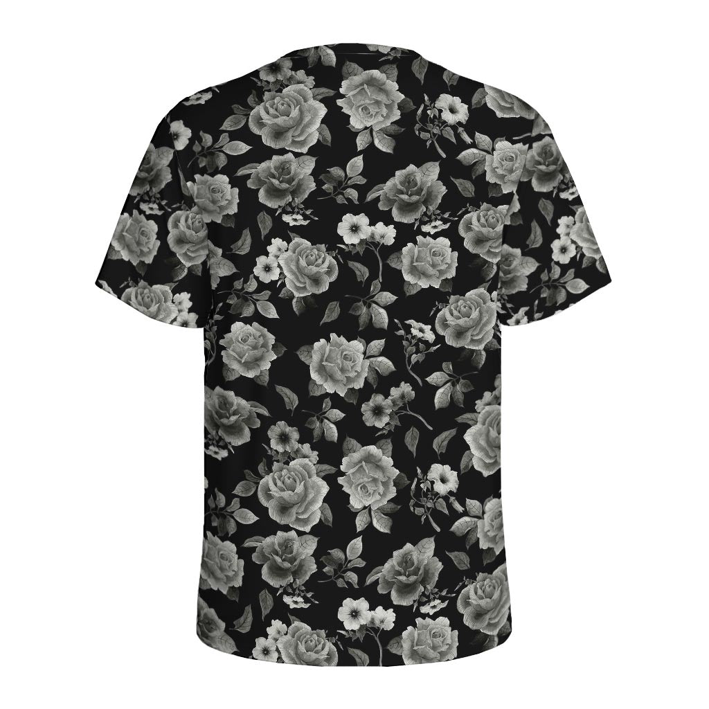Monochrome Rose Floral Pattern Print Men's Sports T-Shirt
