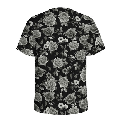 Monochrome Rose Floral Pattern Print Men's Sports T-Shirt