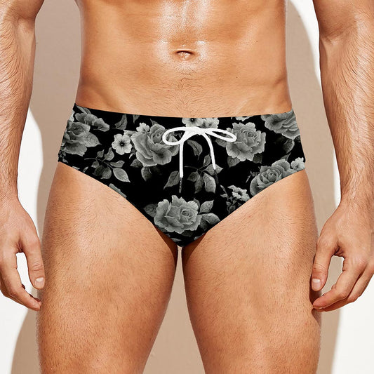 Monochrome Rose Floral Pattern Print Men's Swim Briefs
