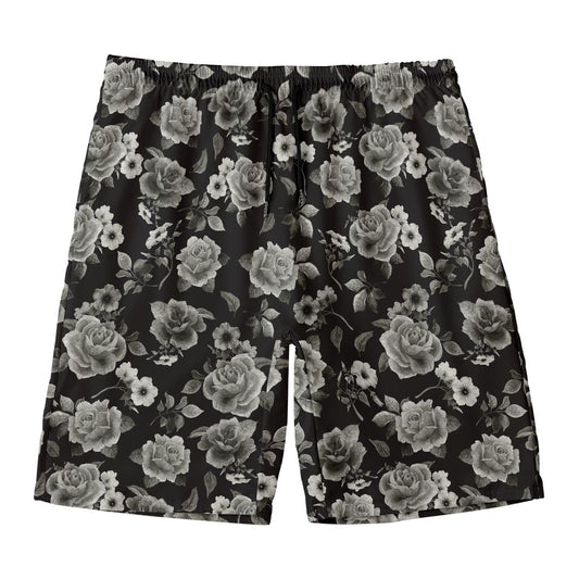 Monochrome Rose Floral Pattern Print Men's Swim Trunks