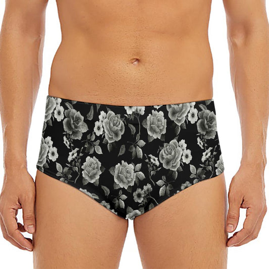 Monochrome Rose Floral Pattern Print Men's Triangle Swim Briefs