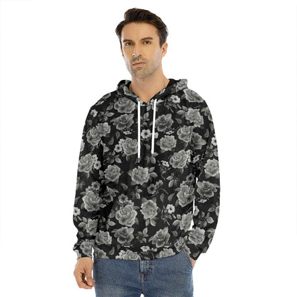 Monochrome Rose Floral Pattern Print Men's Velvet Pullover Hoodie