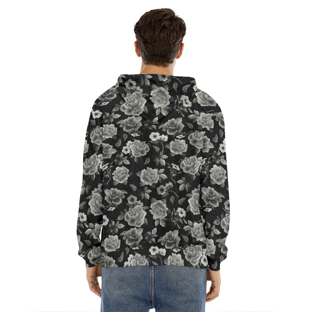 Monochrome Rose Floral Pattern Print Men's Velvet Pullover Hoodie