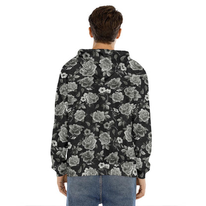 Monochrome Rose Floral Pattern Print Men's Velvet Pullover Hoodie