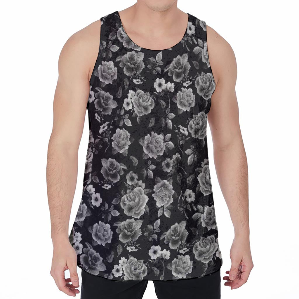 Monochrome Rose Floral Pattern Print Men's Velvet Tank Top