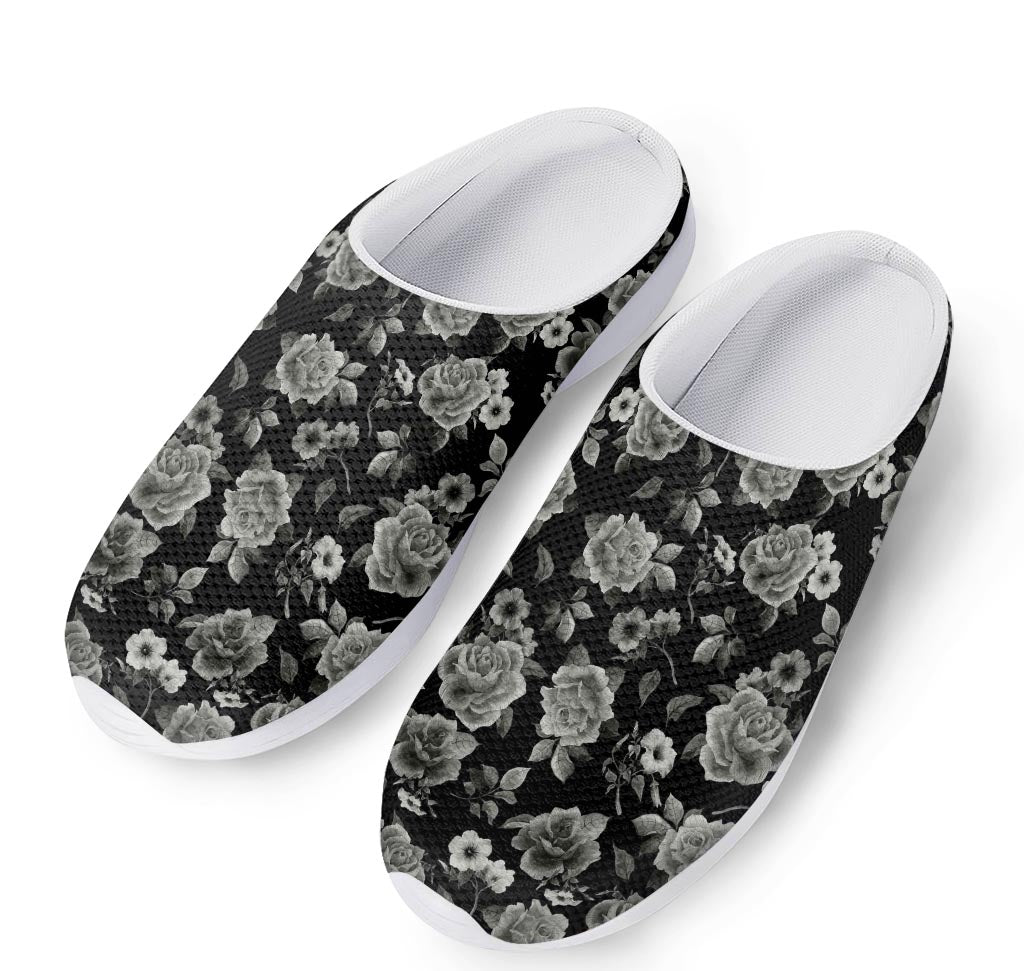 Monochrome Rose Floral Pattern Print Mesh Casual Shoes