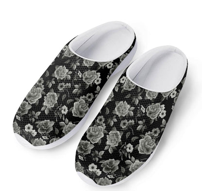 Monochrome Rose Floral Pattern Print Mesh Casual Shoes