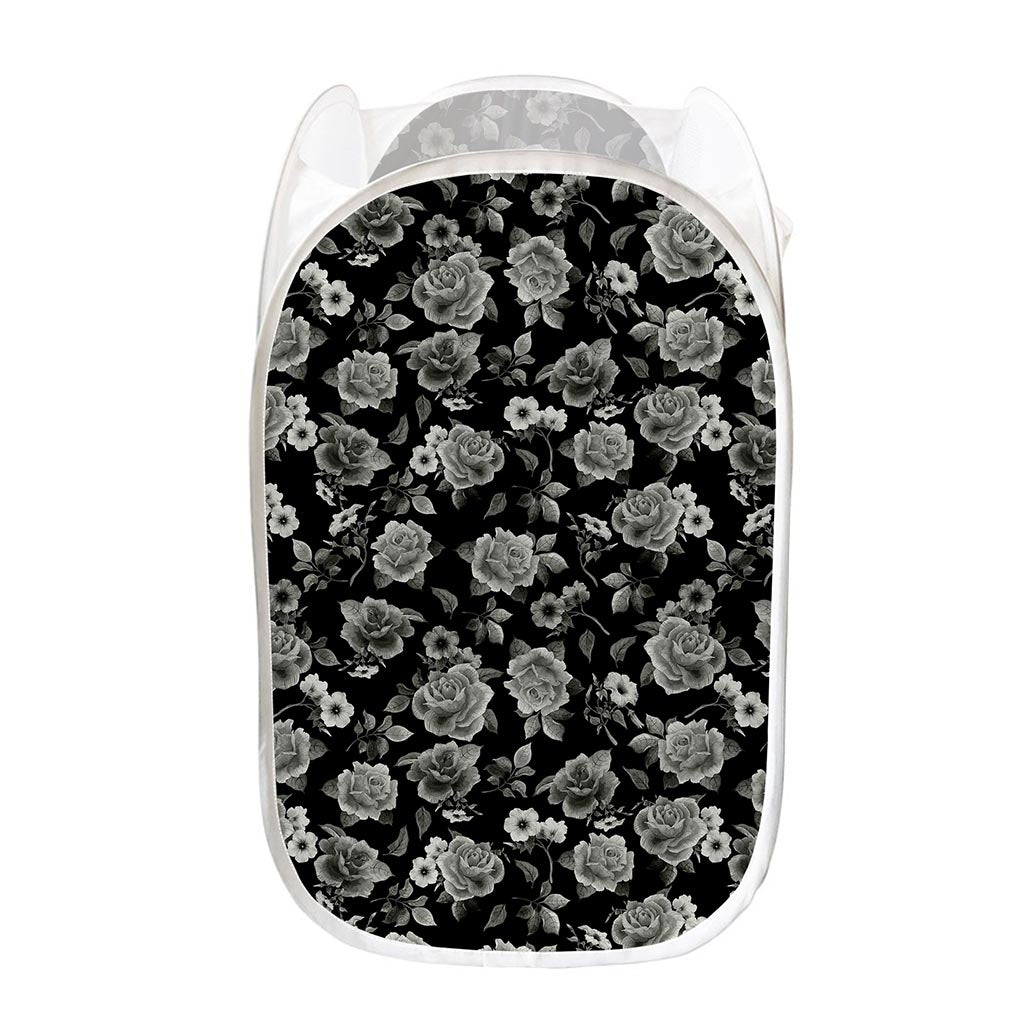 Monochrome Rose Floral Pattern Print Mesh Laundry Hamper