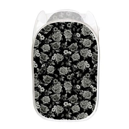 Monochrome Rose Floral Pattern Print Mesh Laundry Hamper