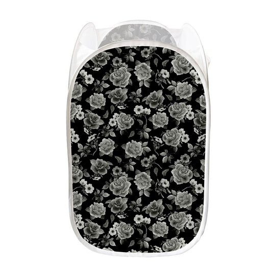 Monochrome Rose Floral Pattern Print Mesh Laundry Hamper