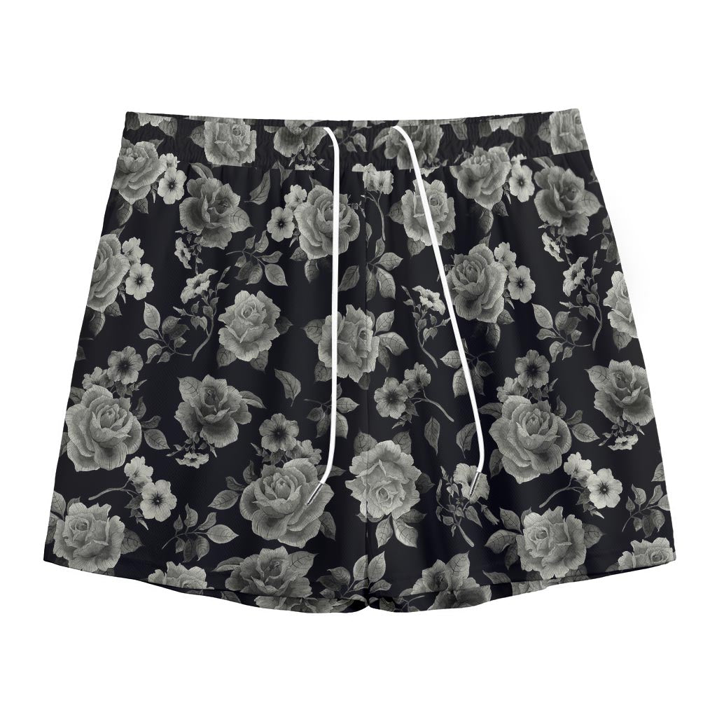 Monochrome Rose Floral Pattern Print Mesh Shorts