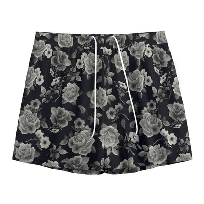 Monochrome Rose Floral Pattern Print Mesh Shorts